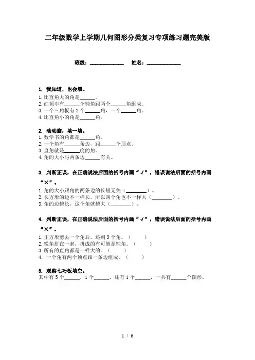 二年级数学上学期几何图形分类复习专项练习题完美版