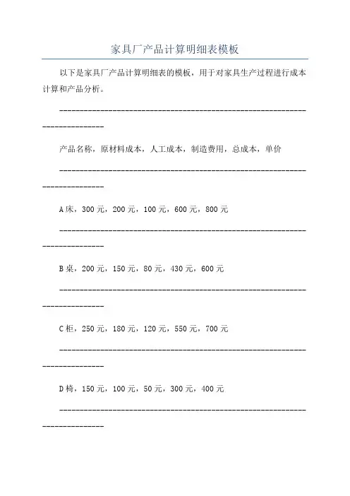 家具厂产品计算明细表模板