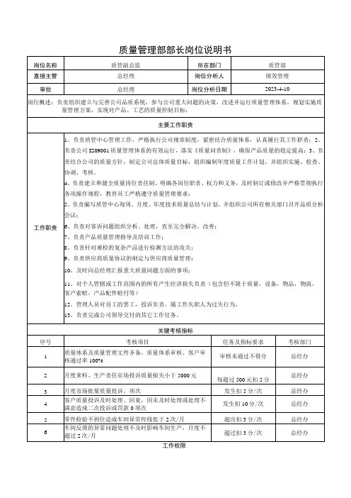 质量管理部部长岗位说明书