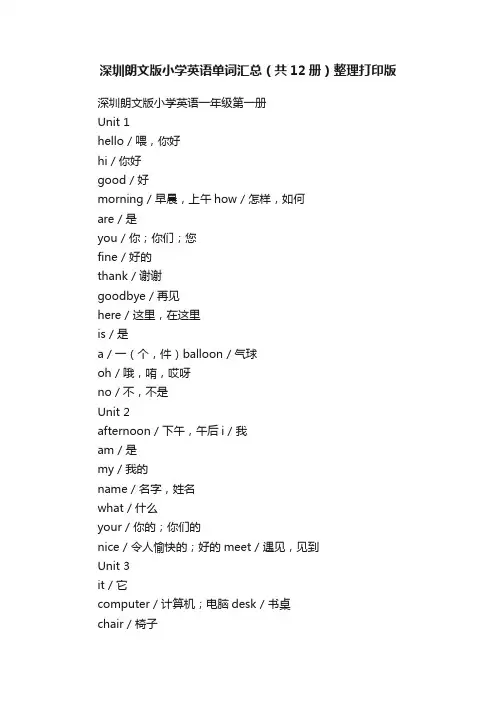 深圳朗文版小学英语单词汇总（共12册）整理打印版