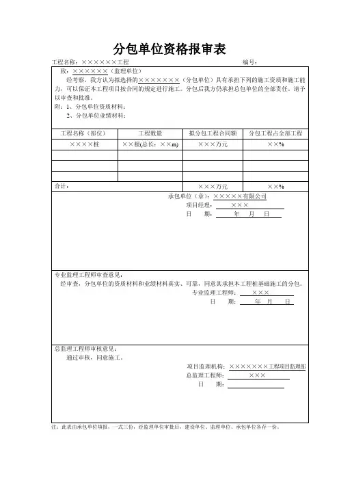 分包单位资格报审表格模板格模板