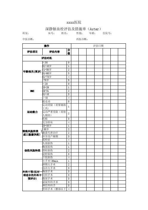 深静脉血栓评估及措施单(Autar)