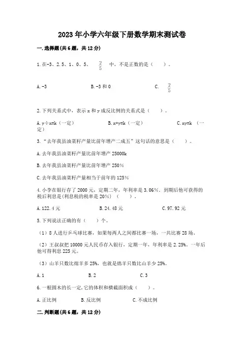 2023年小学六年级下册数学期末测试卷有解析答案
