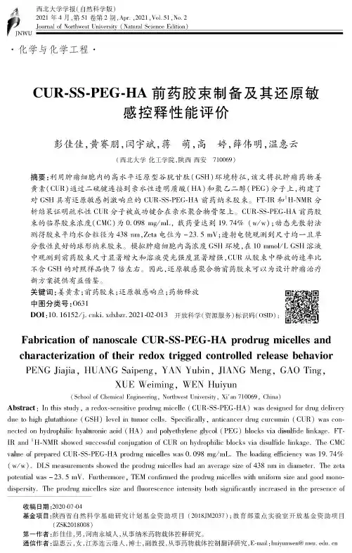CUR-SS-PEG-HA前药胶束制备及其还原敏感控释性能评价