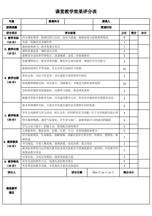 课堂教学效果评分表(标准版)