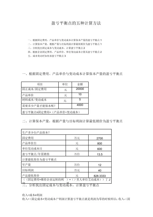 盈亏平衡点的五种计算方法