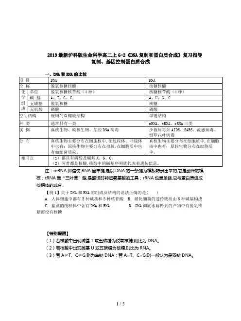 2019最新沪科版生命科学高二上6-2《DNA复制和蛋白质合成》复习指导