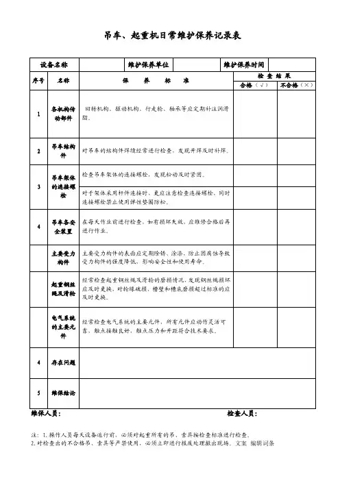吊车维护保养记录表