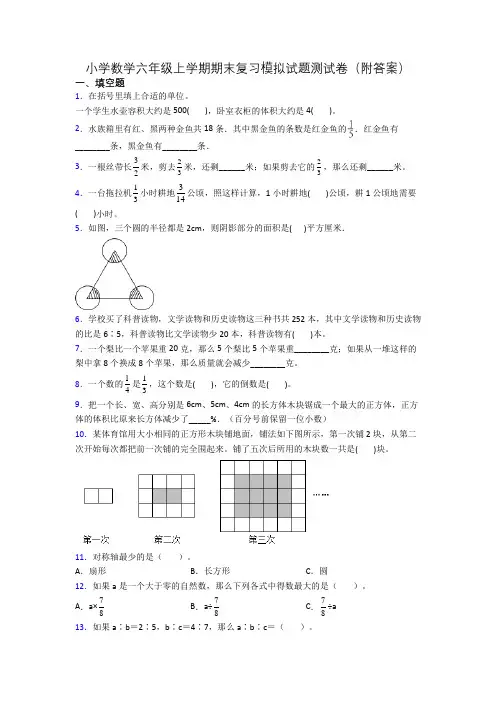 小学数学六年级上学期期末复习模拟试题测试卷(附答案)
