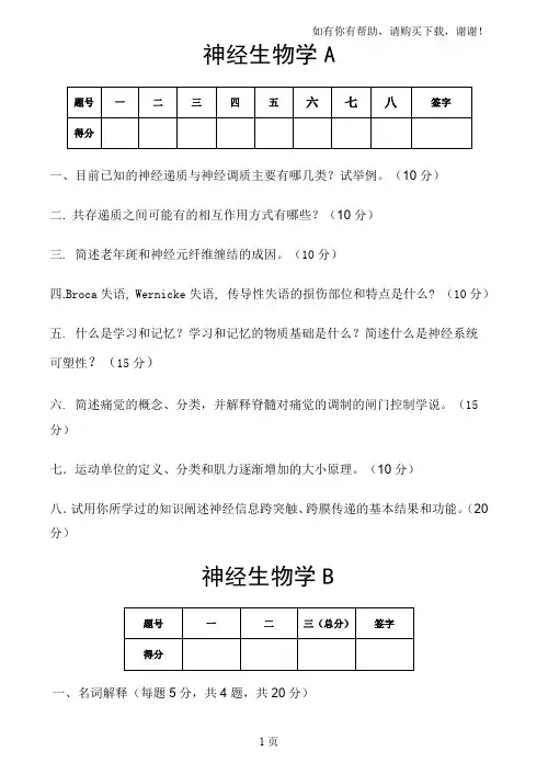 神经生物学试卷、习题及答案6套