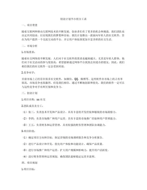 创业计划书小组分工表