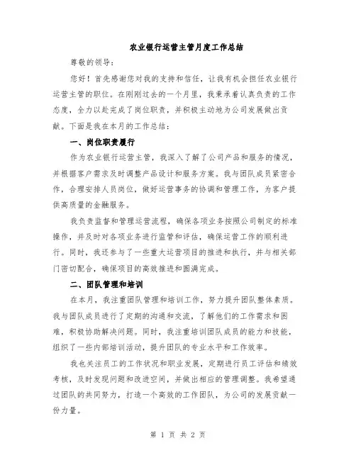 农业银行运营主管月度工作总结