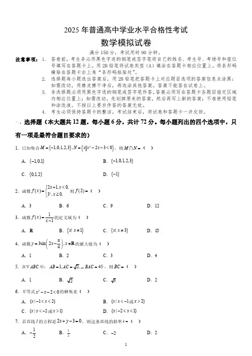 2025年高中数学学业水平合格性考试模拟试卷试题(含答案解析)