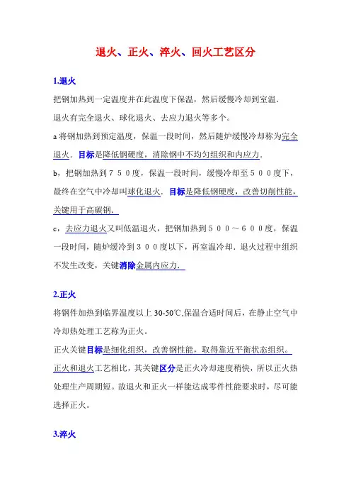 退火、正火、淬火、回火 工艺区别
