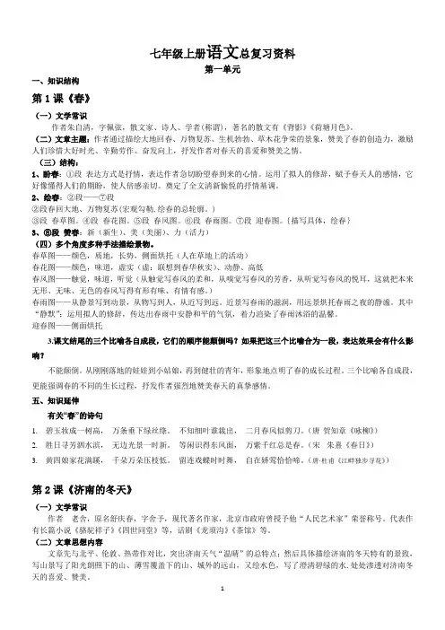 2016新版七年级上人教版语文知识点总结