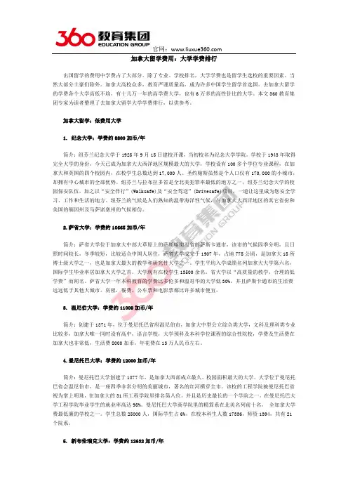 加拿大留学费用：大学学费排行