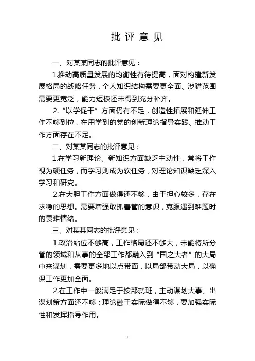 对某某同志的批评意见
