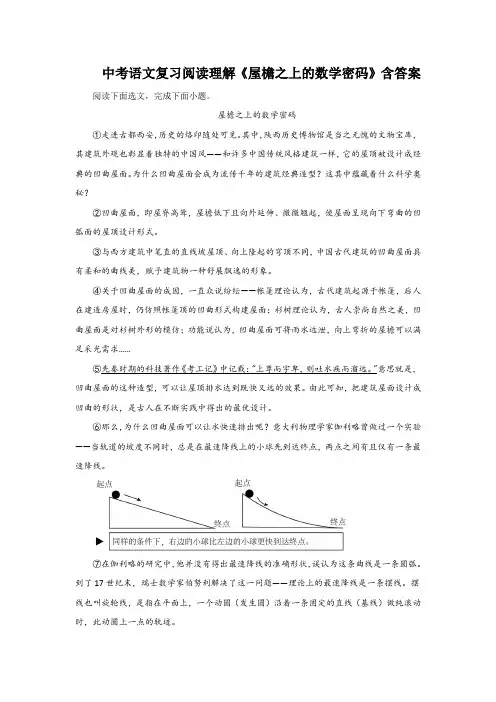 中考语文复习阅读理解《屋檐之上的数学密码》含答案