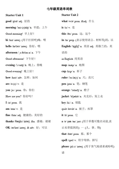 新版人教版七年级上册英语单词表(含音标)