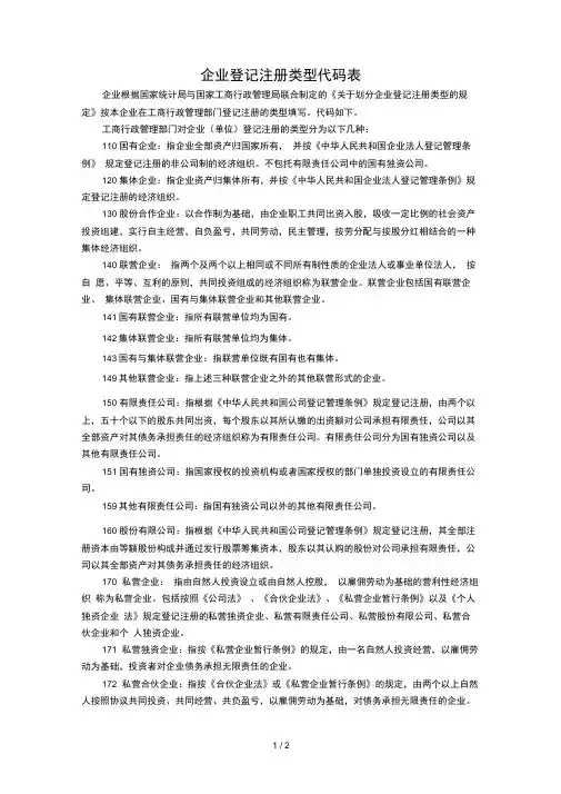 企业登记注册类型代码表