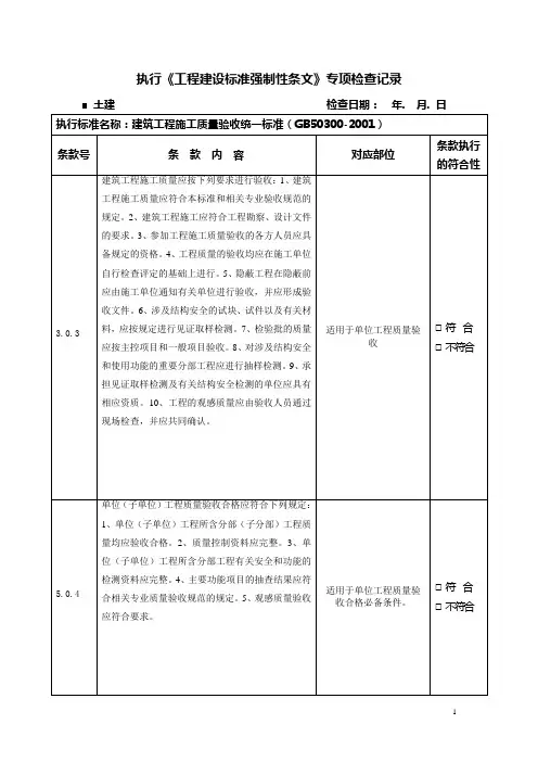 《土建工程建设标准强制性条文》专项检查记录表