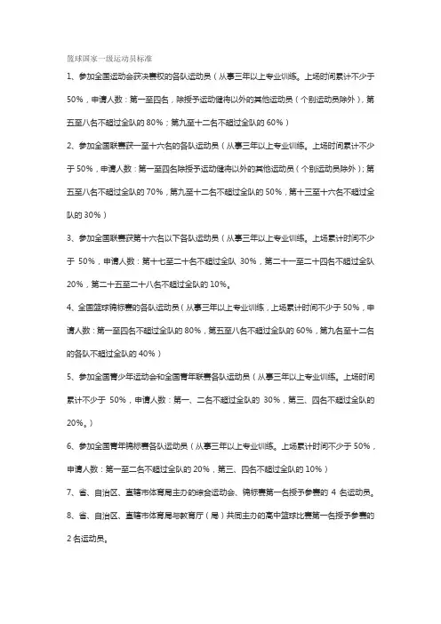 篮球国家一级运动员标准