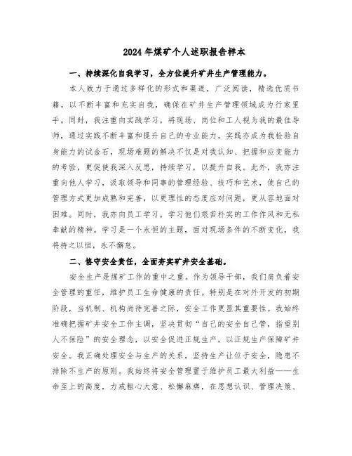 2024年煤矿个人述职报告样本（7篇）