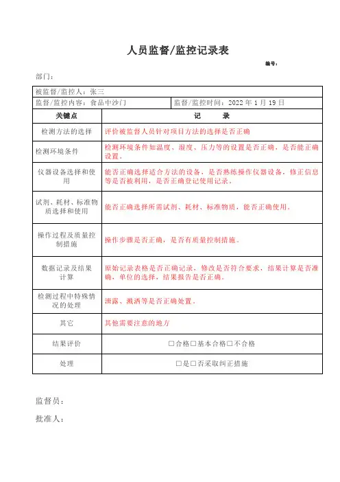 人员监督监控记录表