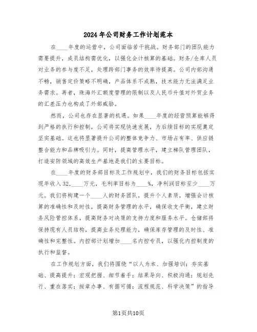 2024年公司财务工作计划范本（五篇）