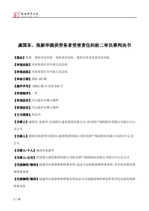 康国东、张新华提供劳务者受害责任纠纷二审民事判决书