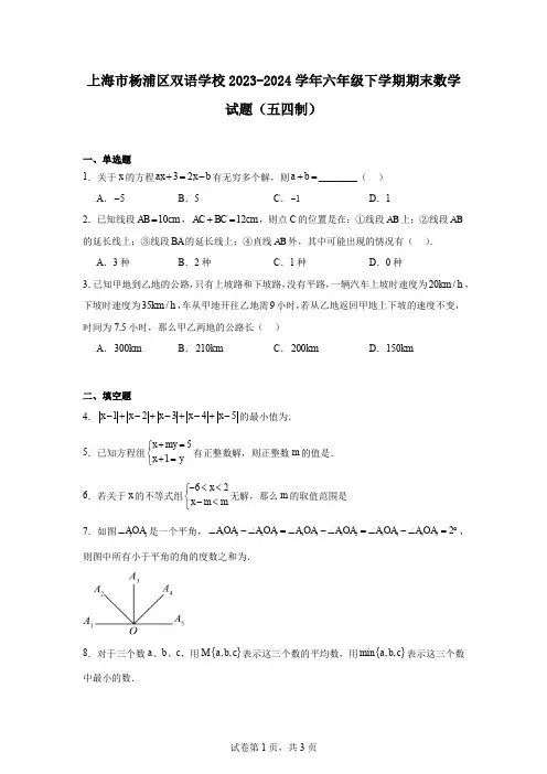 上海市杨浦区双语学校2023-2024学年六年级下学期期末数学试题(五四制)