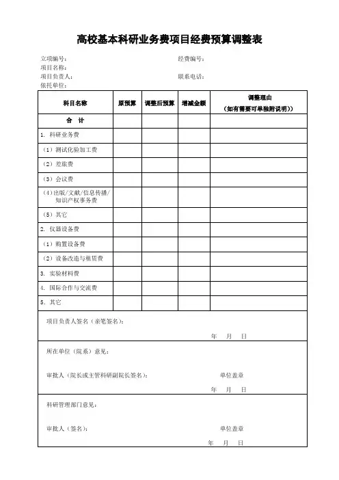 高校基本科研业务费项目经费预算调整表