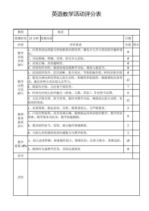 小组活动英语教学活动评分表