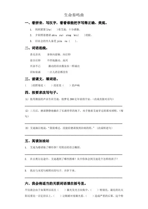 语文北师大六年级下册(2011年11月修订)《生命奏鸣曲》同步练习2