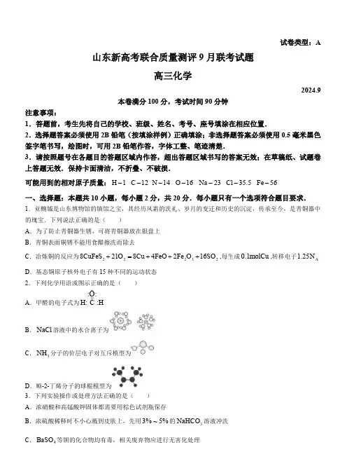 2025届山东新高考联合质量测评高三9月联考化学试题+答案