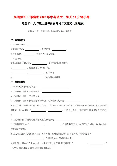 初中语文中考复习 13默写 九(上)课内文言文(原卷版)