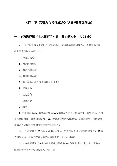《第一章 安培力与洛伦兹力》试卷及答案_高中物理选择性必修 第二册_人教版_2024-2025学年