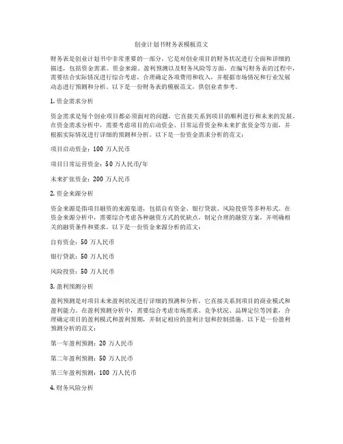 创业计划书财务表模板范文