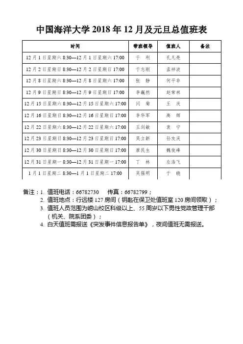 中国海洋大学2018年12月及元旦总值班表