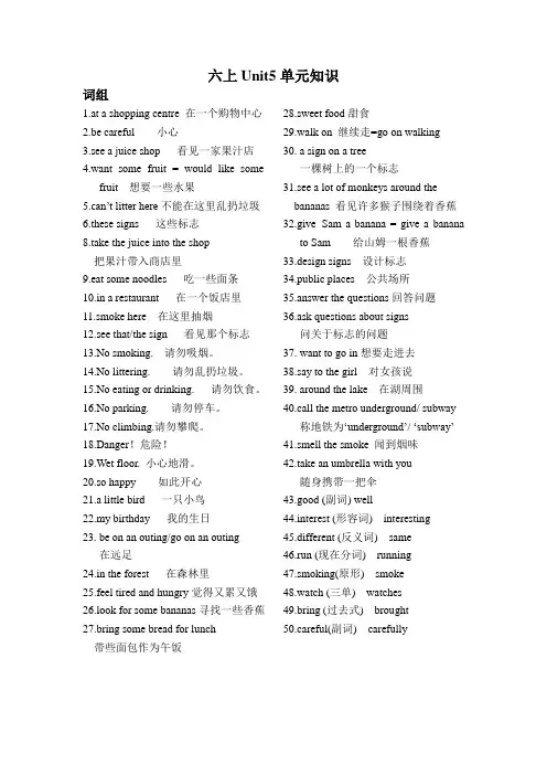 新译林版英语六年级上册unit5知识点