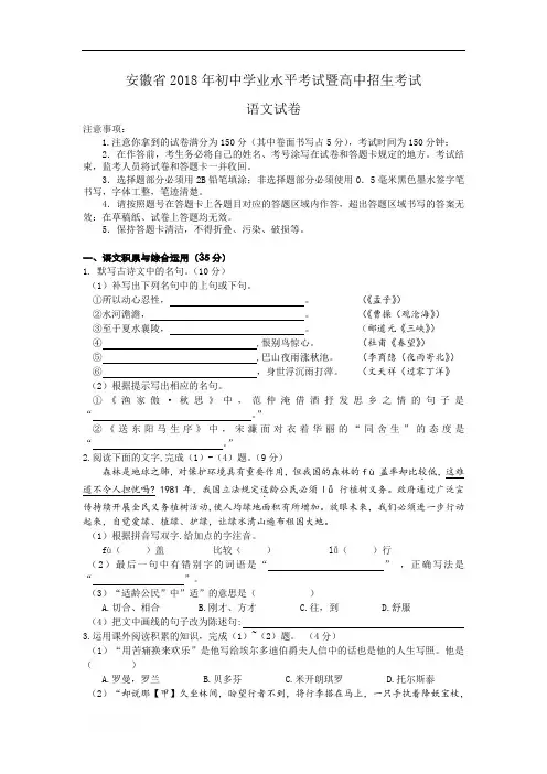2017年安徽省中考语文真题及参考答案