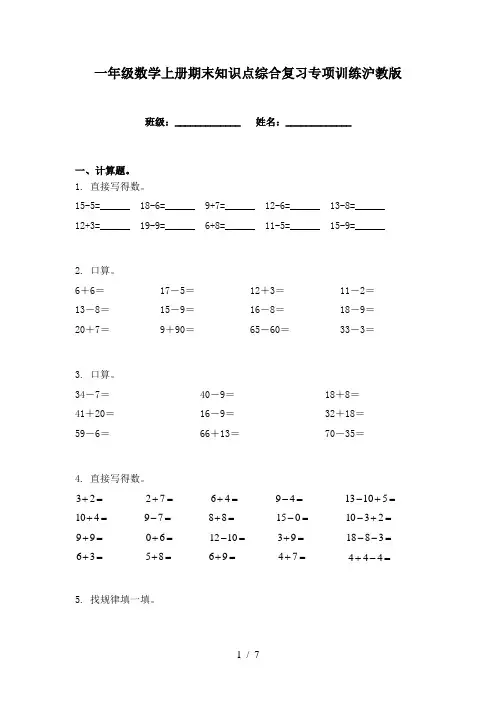 一年级数学上册期末知识点综合复习专项训练沪教版