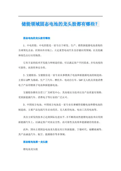 储能领域固态电池的龙头股都有哪些？