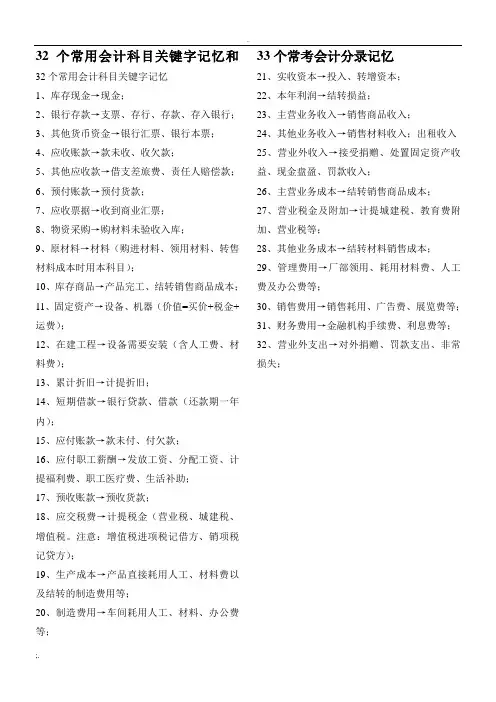 32个常用会计科目关键字记忆和33个常考会计分录记忆