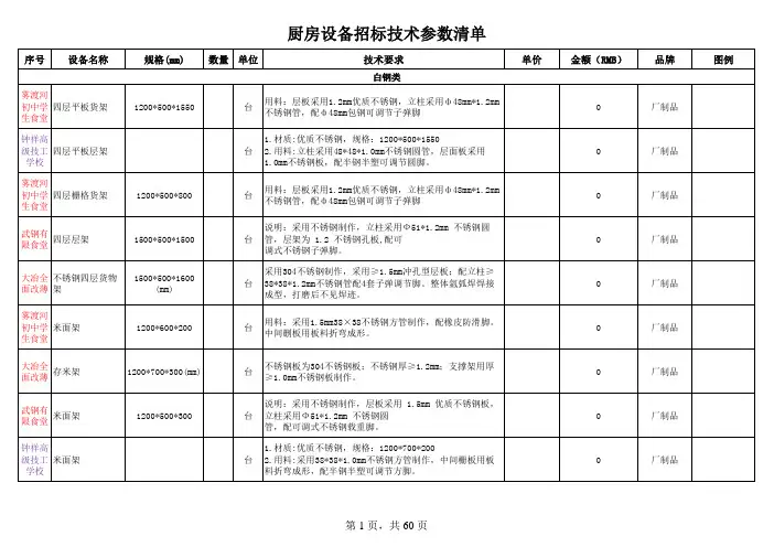 厨房设备精品招标技术参数清单