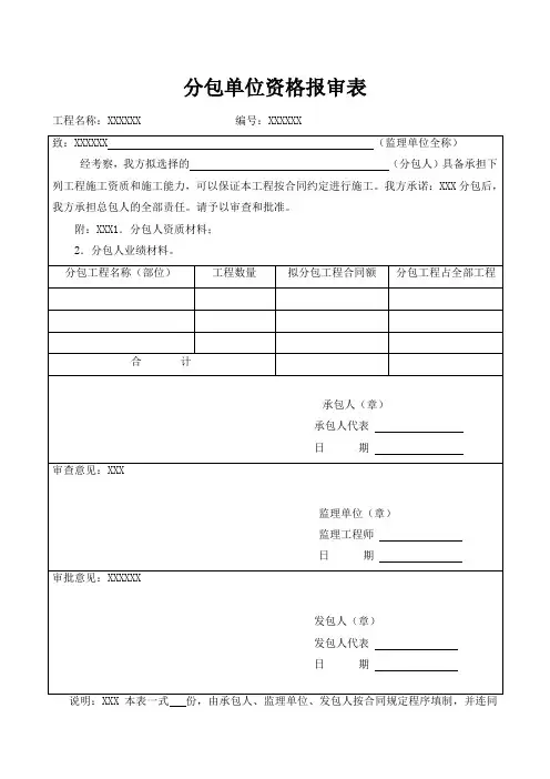【最新】 分包单位资格报审表 模板(范本)