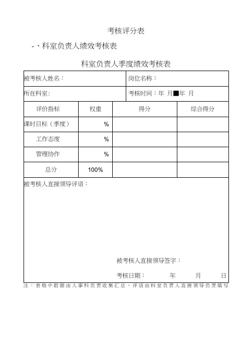 医院各类绩效考核评分表