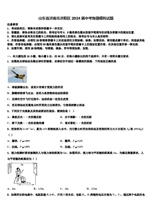 山东省济南市济阳区2024届中考物理模拟试题含解析