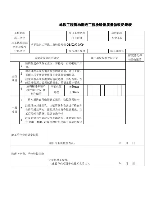 地铁工程盾构掘进工程检验批质量验收记录表