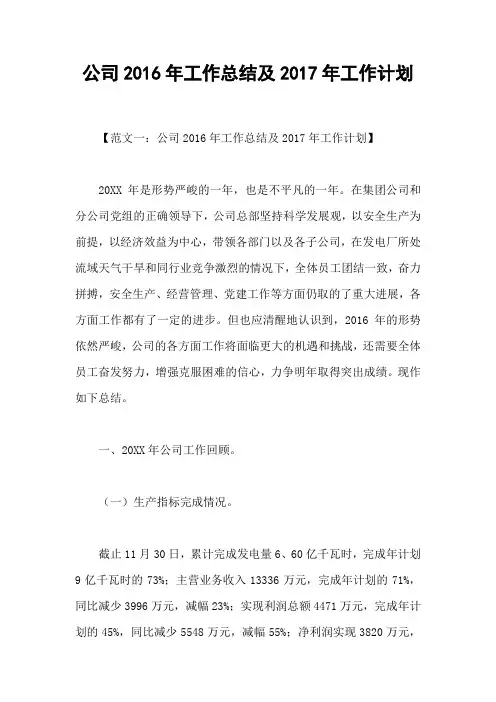 公司2016年工作总结及2017年工作计划